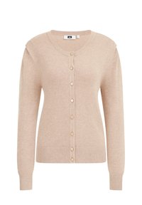 Béžový pletený cardigan s kulatým výstřihem, dlouhými rukávy, zapínáním na knoflíky s zlatým kováním a ribbanými manžetami a spodním lemem.