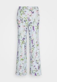 Pantalon large bleu clair avec un imprimé floral coloré avec des feuilles vertes et des fleurs violettes, roses et blanches.