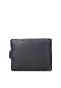 Marineblauwe leren portemonnee met een gladde textuur, rechthoekige vorm en contrasterende stiksels. Heeft een zijvakje voor eenvoudig openen.