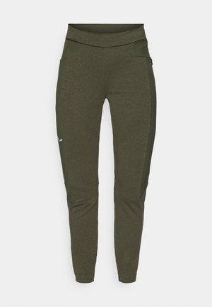 Olīvzaļas sporta bikses ar sietiņu jostu un sānu paneļiem. Iezīmējas ar sašaurinātām kājām un izšūtu detaļu pie ceļiem.