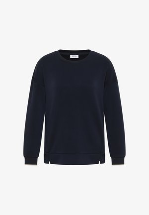 Marineblaues Sweatshirt mit Rundhalsausschnitt, abfallenden Schultern, gerippten Bündchen und seitlichen Schlitzen. Hergestellt aus einem weichen Stoff mit glatter Textur.
