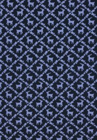 Námořnická tkanina s opakujícím se vzorem světle fialových jelenů uvnitř diamantových tvarů, doplněná květinovými motivy. Texturovaný a tkaný vzhled.