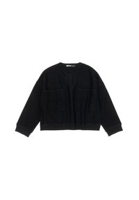 Suéter negro corto con cuello redondo, dos bolsillos delanteros, puños y dobladillo acanalados. Fabricado en una tela suave y texturizada.