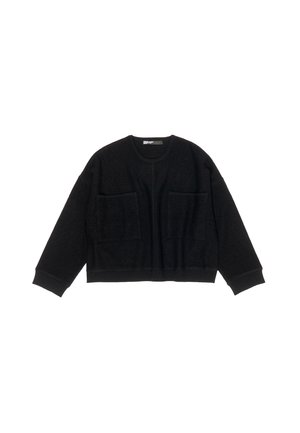 Suéter negro corto con cuello redondo, dos bolsillos delanteros, puños y dobladillo acanalados. Fabricado en una tela suave y texturizada.