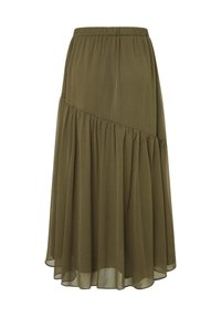 Jupe maxi verte olive en tissu léger, avec un ourlet en volants à étages, une taille élastique et des détails de coutures diagonales.