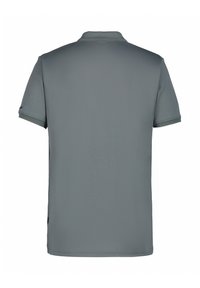 Grå pikétröja med korta ärmar, tillverkad av ett slätt tyg. Har en krage och en minimalistisk design utan synlig branding eller mönster.