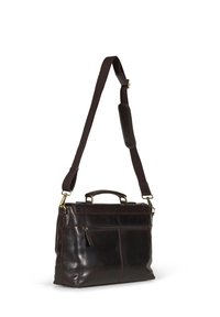 Brown leather messenger bag with a padded shoulder strap, top handle, and front zip pocket. Features smooth texture and brass hardware accents.