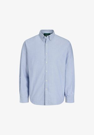 Hellblaues, langärmliges Hemd mit Knopfleiste aus Baumwolle. Verfügt über einen klassischen Kragen und einen geraden Saum mit Knöpfen auf der Vorderseite.