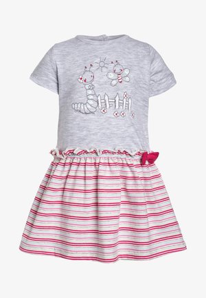 Vestito grigio in cotone con top a maniche corte e gonna a righe rosa e bianche. Presenta motivi di insetti e un fiocco rosa di stoffa in vita.