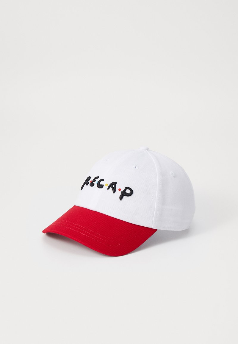 White cap with a red bill, featuring embroidered black letters spelling "RECAP" and small colored dots. Cotton material with a structured design.