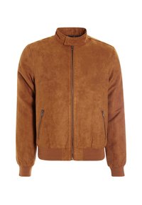 Giacca bomber in finta suede marrone con colletto alto, zip frontale e due tasche laterali, con polsini e orlo a costine.