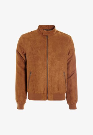 Bruine faux suède bomberjack met een hoge kraag, frontrits en twee zijzakken, met geribde manchetten en zoom.