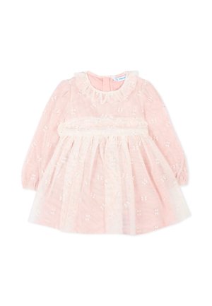 Vestitino rosa maniche lunghe con sovrapposizione in pizzo floreale, collo arricciato e dettaglio vita arricciata.