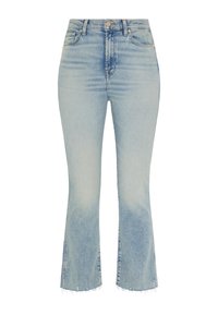 Jean en denim bleu clair à taille haute, ajusté à la cuisse, avec un ourlet évasé court. Présente un léger effilochage sur les bords.