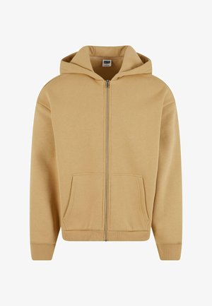 Reißverschluss-Hoodie in einem hellbraunen Farbton, mit Kapuze, zwei Fronttaschen, gerippten Bündchen und einer weichen Textur.