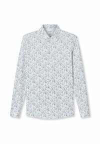 Weißes Hemd mit langen Ärmeln, blau-schwarzem Blumenmuster, durchgehender Knopfleiste und klassischem Kragen vor weißem Hintergrund.