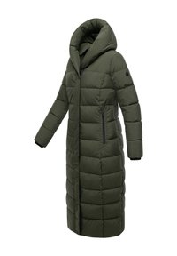 Lång, huva pufferjacka i mörkgrön färg, quiltat mönster, dragkedjestängning, sidofickor och ribbade ärmslut. Slät textur, lättviktsisolering.