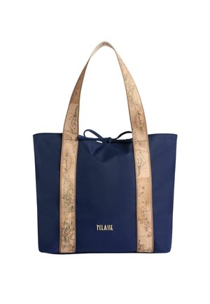 Borsa tote blu navy con manici beige a motivo mappa e piccolo chiusura a fiocco, con logo "TCLASSE" in oro sul davanti.
