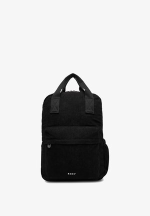 Sac à dos en velours côtelé noir avec poche avant zippée, double poignées et logo "ROXY" au centre en bas.