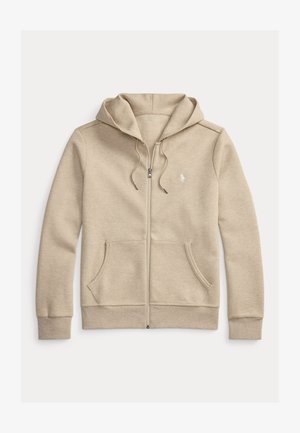 Sweat à capuche beige zippé avec cordons, poches avant, poignets côtelés et petit logo blanc brodé sur la poitrine.