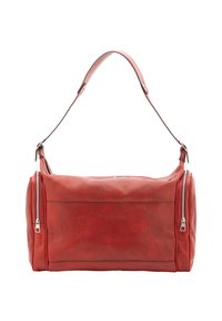 Borsa da viaggio in pelle rossa con texture liscia, dotata di due tasche con zip, una robusta tracolla e forma rettangolare.