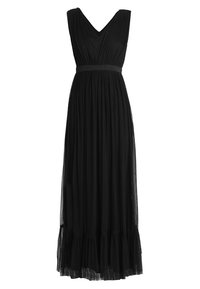 Černé maxi šaty s V-výstřihem, skladovaným korpusem, obepínajícím pasem a volánkovým lemem. Vyrobené z lehkého materiálu, jemné textury.