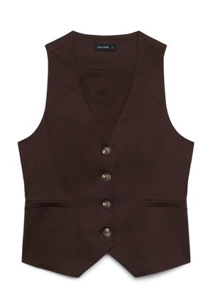 Veste sans manches marron foncé avec col en V, quatre boutons sur le devant et deux poches passepoilées horizontales sur les côtés avant.