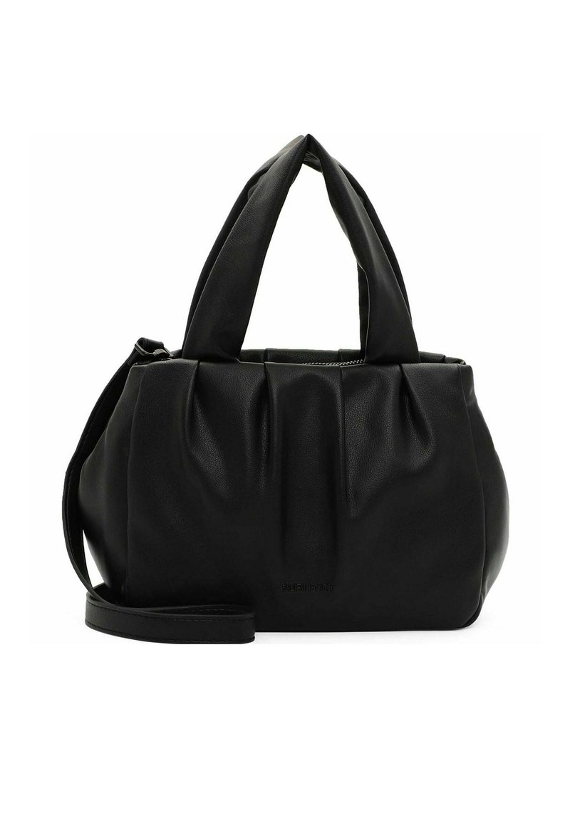 Zwarte leren handtas met een geplooid ontwerp, dubbele bovenhandvaten en een verstelbare schouderband. Vrije textuur met een ritssluiting.