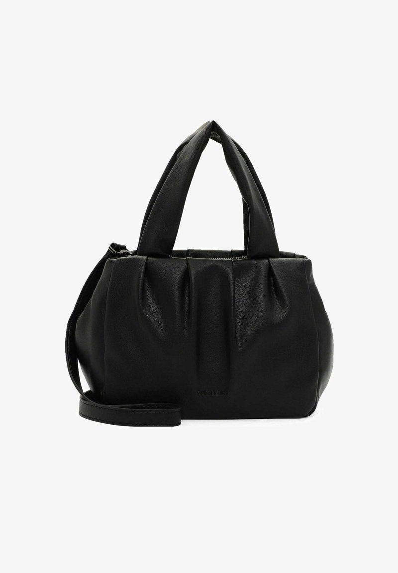 Zwarte leren handtas met een geplooid ontwerp, dubbele bovenhandvaten en een verstelbare schouderband. Vrije textuur met een ritssluiting.