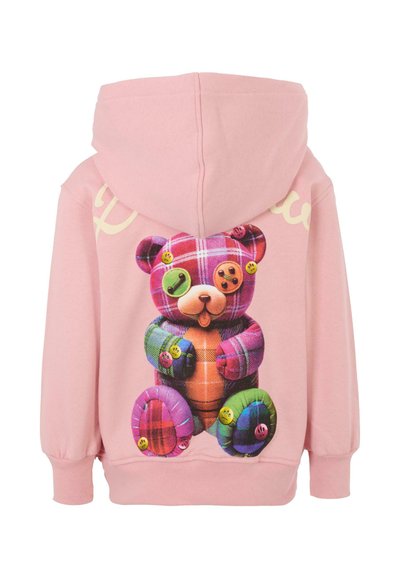Felpa rosa con una grafica colorata di un orso a scacchi sulla schiena, con dettagli a bottone e una tasca a forma di canguro sul davanti.