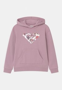 Rosa Kapuzenpullover mit Kängurutasche und floralem Herzdesign auf der Brust. Hergestellt aus weichem Stoff mit gerippten Bündchen.