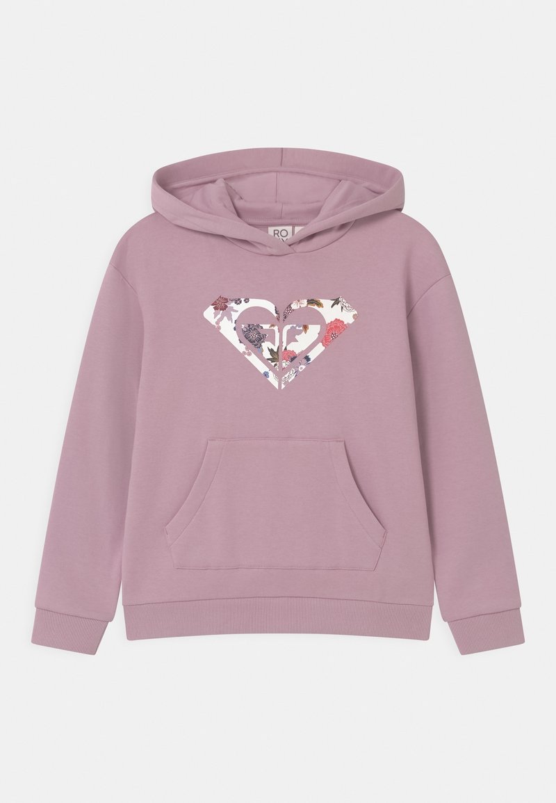 Rosa Kapuzenpullover mit Kängurutasche und floralem Herzdesign auf der Brust. Hergestellt aus weichem Stoff mit gerippten Bündchen.