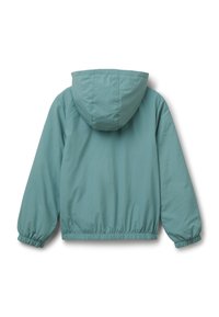 Tyrkysová bunda s kapucí a elastickými manžetami a spodním lemem, zobrazená zezadu na bílém pozadí.
