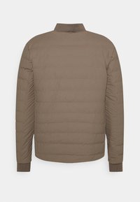 Braune gesteppte Jacke mit gerippten Bündchen und Kragen, von hinten auf einem schlichten weißen Hintergrund gezeigt.