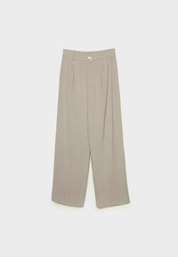 Pantalon beige taille haute à jambes larges avec plis devant, passants de ceinture et une fermeture visible par un seul bouton sur un fond clair uni.