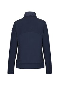 Marinblå jacka med hög krage, sidopaneldetaljer och slät textur. Har en figursydd silhuett och elastiska ärmslut.