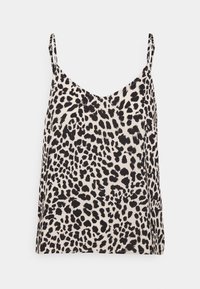 Cami-top i let stof med leopardprint i sort på en beige baggrund, med tynde skulderstropper og V-halsudskæring.