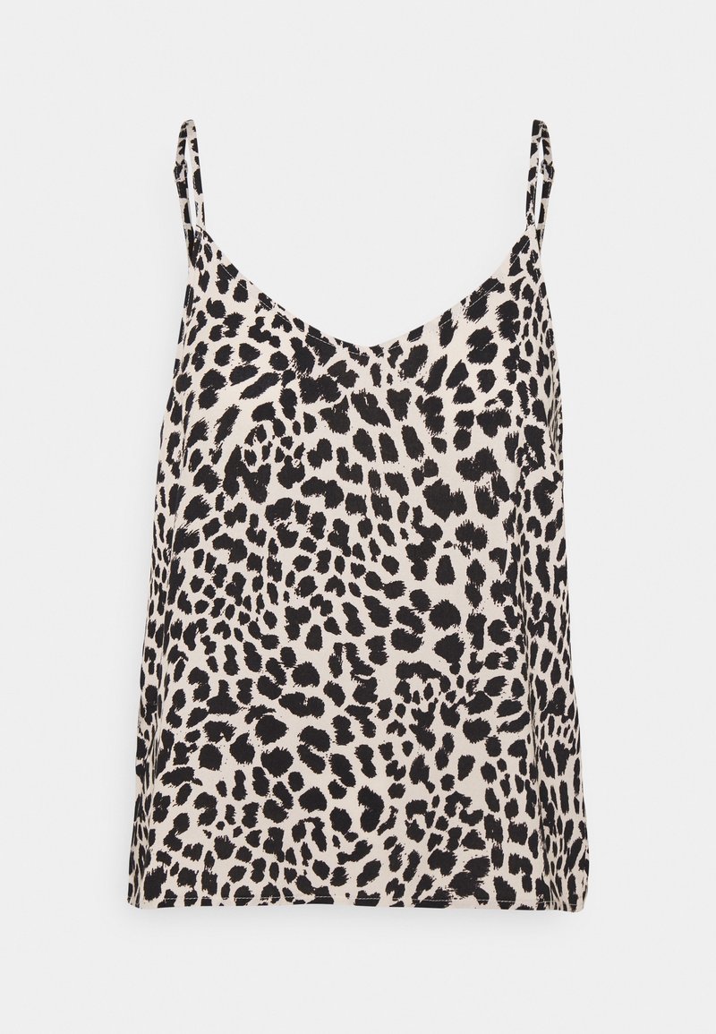Cami-top i let stof med leopardprint i sort på en beige baggrund, med tynde skulderstropper og V-halsudskæring.