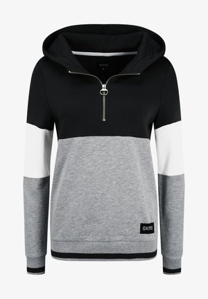 Svart, vit och grå färgblockerad hoodie med dragkedja i halsen, ribbade ärmar och en etikett på nedre vänstra sidan. Mjuk tygkvalitet.