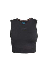 Musta hihaton crop-top pehmeästä kankaasta, jossa on pyöreä kaula-aukko ja minimalistinen muotoilu, johon on lisätty hillitty logotiedosto edessä.
