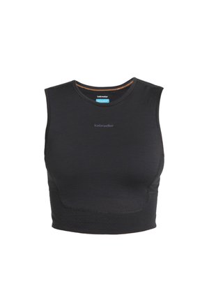 Top corto senza maniche nero realizzato in tessuto morbido, con scollatura rotonda e design minimalista, caratterizzato da un logo discreto sul davanti.