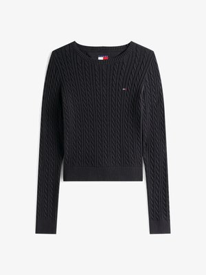 Pull en laine noire à mailles torsadées avec un col et des poignets côtelés. Présente un petit logo avec des accents rouge, blanc et bleu. Design court.