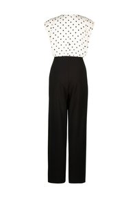 Black jumpsuit with a white, polka-dot patterned top. Features wide legs and a relaxed fit, with a button closure at the back.