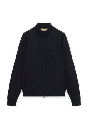 Černá bunda na zip s dlouhými rukávy, žebrovanými manžetami a lemem, se dvěma bočními kapsami a malým vyšívaným logem na hrudi.