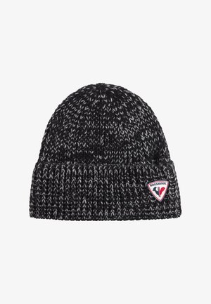 Schwarze und graue Strickmütze mit umgeschlagenem Bündchen und einem Rossignol-Logo-Patch auf der rechten Vorderseite.