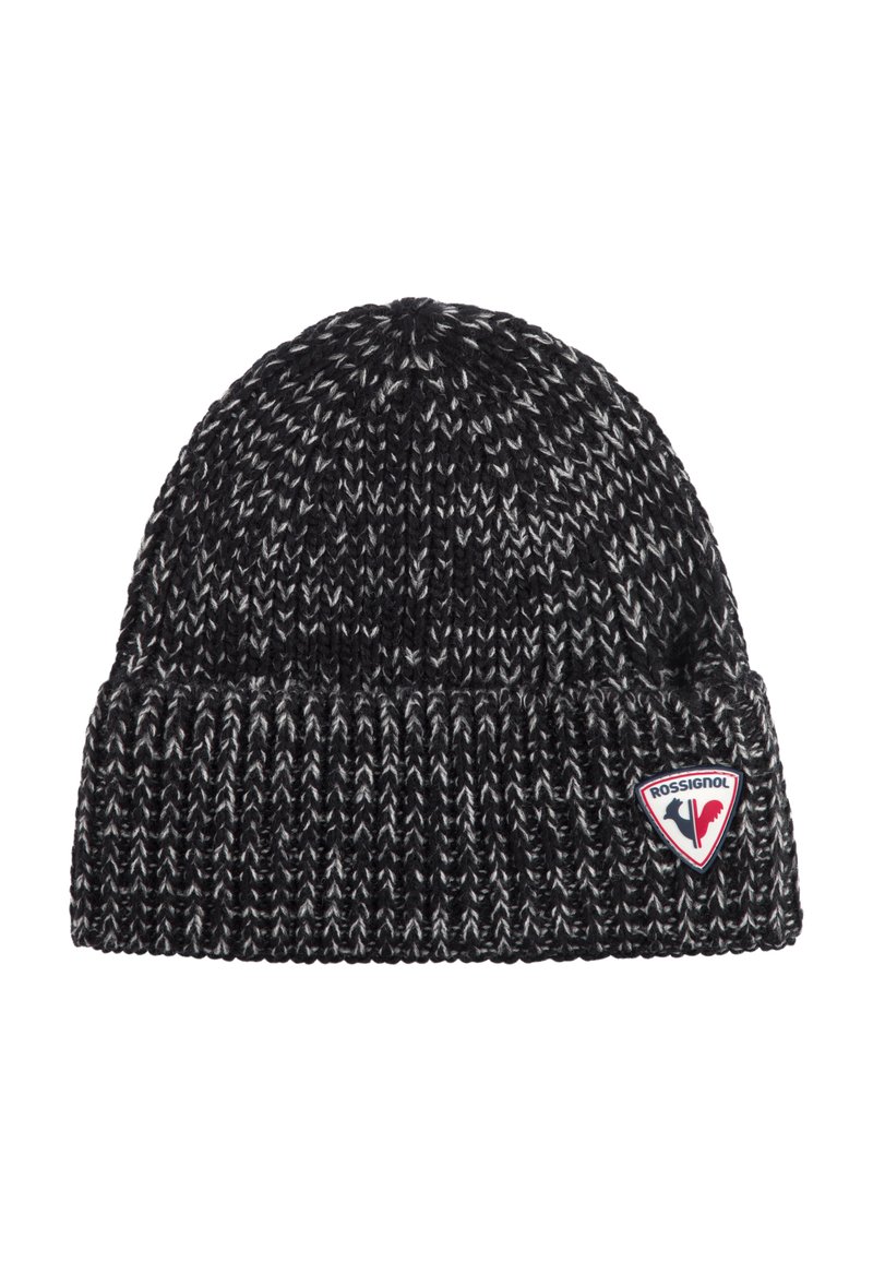 Berretto a maglia nero e grigio con risvolto e patch del logo Rossignol sul lato destro frontale.