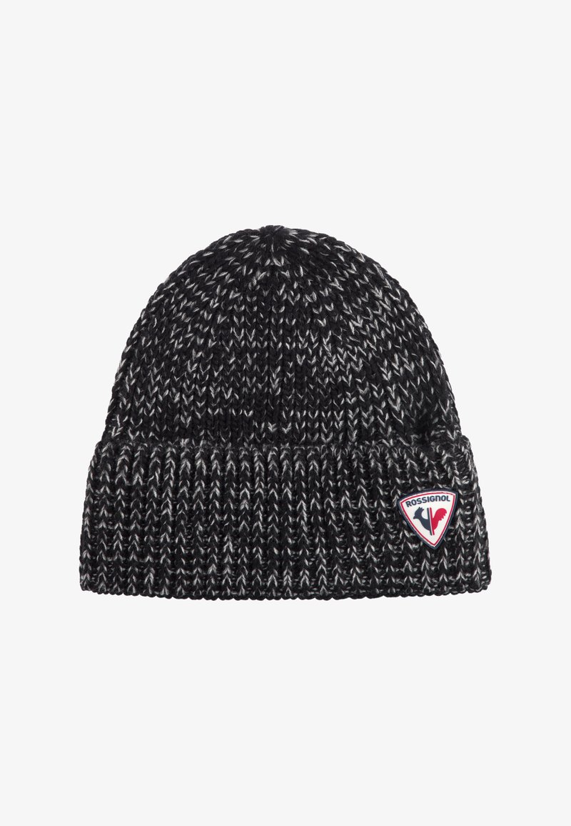 Černá a šedá pletená čepice s ohrnutím a nášivkou loga Rossignol na pravé přední straně.
