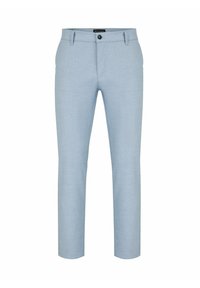 Jasnoniebieskie spodnie wykonane z teksturowanej tkaniny, o slim fit, z paskiem na pasek i pojedynczym zapięciem na guzik w talii.