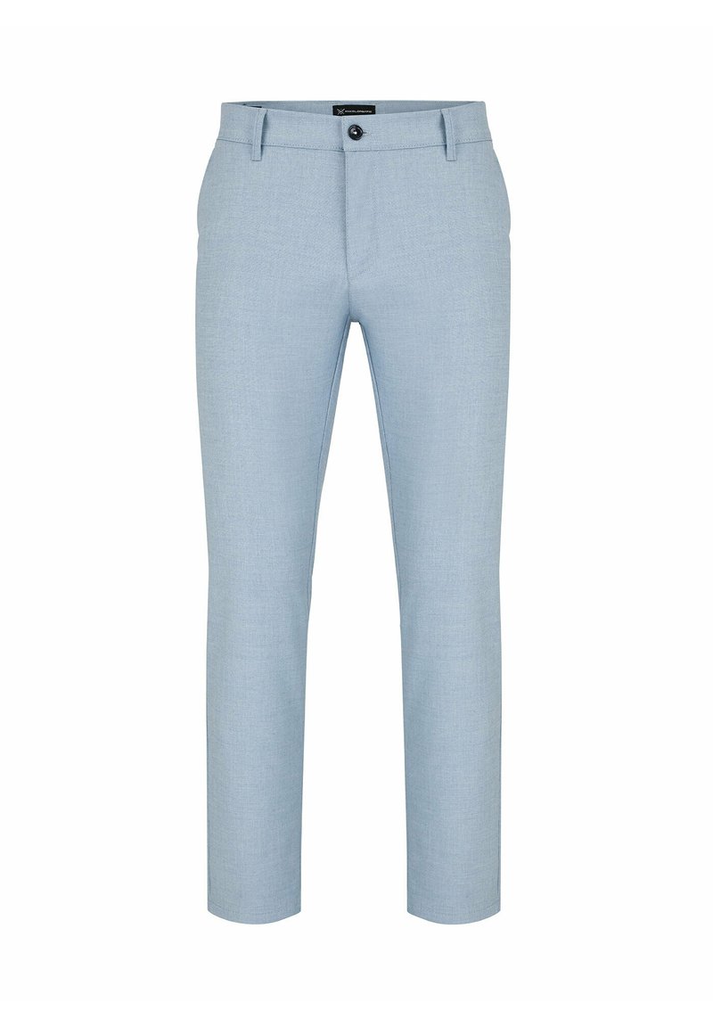 Jasnoniebieskie spodnie wykonane z teksturowanej tkaniny, o slim fit, z paskiem na pasek i pojedynczym zapięciem na guzik w talii.