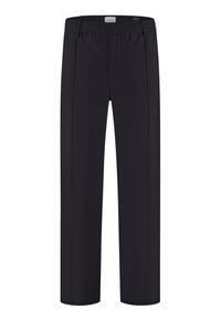 Marineblå bukser med avslappet passform, med flat front, elastisk midjebånd og to sidelommer. Jevn stofftekstur uten synlige mønstre.